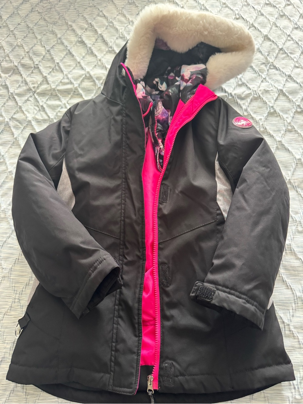 Gerry Black 3 in 1 Kids Puffer Jacket with Bright Pink Trim